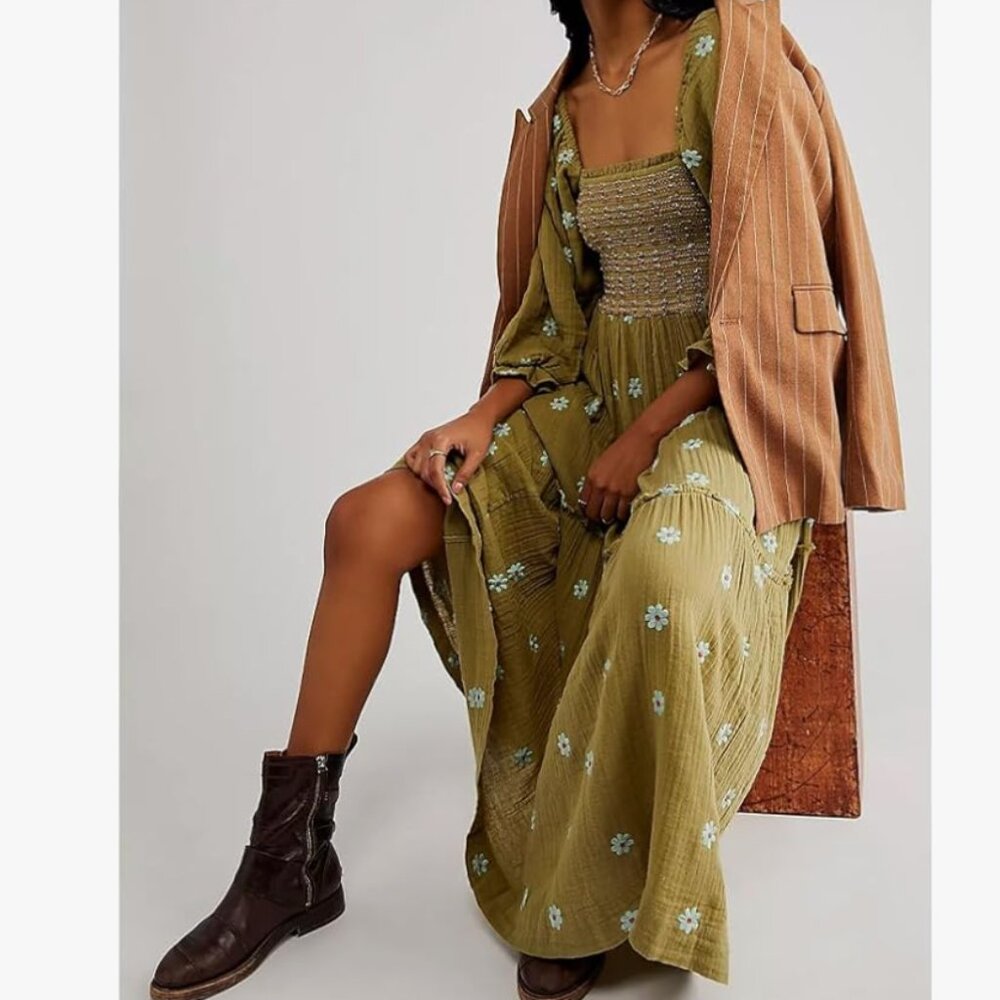 Fall Floral Embroidered Boho Maxi Dress – Long Puff Sleeve